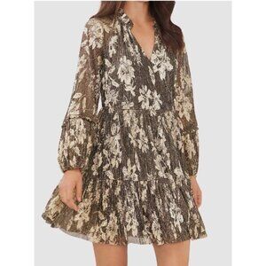 Vince Camuto Womens Black Gold Floral Foil Split Neck Ruffle Boho Dress Size S